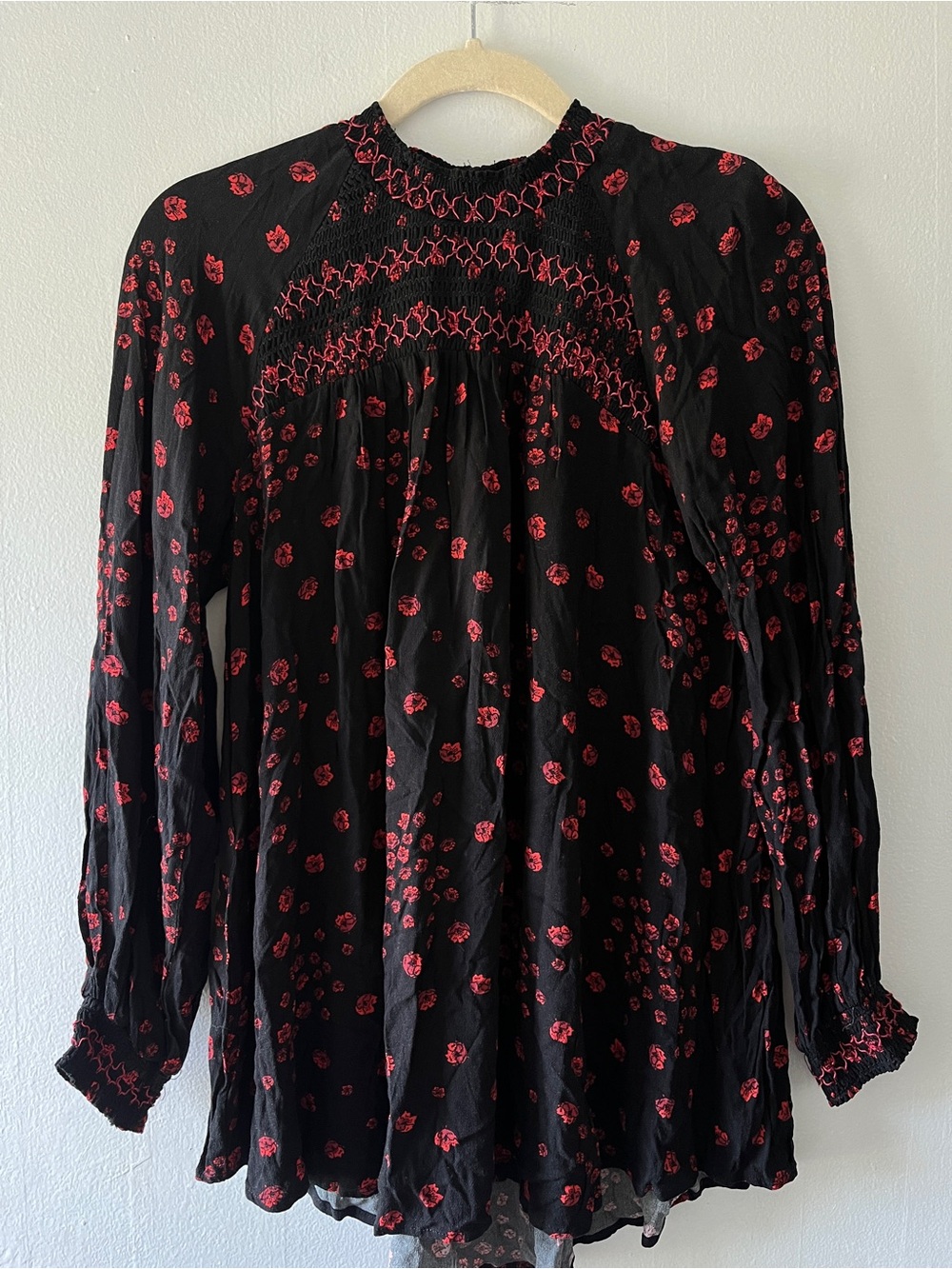 Free People Black and Red Floral Long-Sleeve Blouse